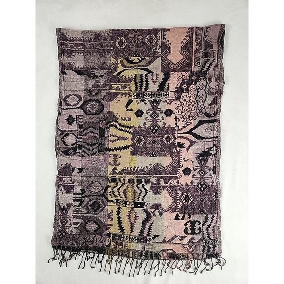 Wilfred Tribal Pattern Wool Blend Scarf Shawl Wrap Boho Fringe Black & Tan Warm - Picture 6 of 7